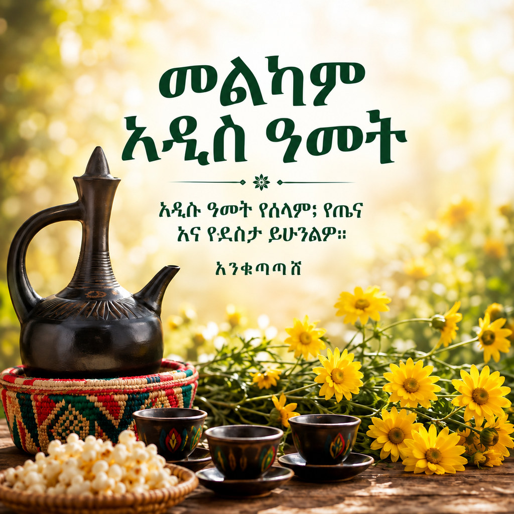 Ethiopian New Year (Enkutatash) coffee card to share — Amharic